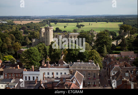 Warwick Castle seen from St. Mary`s Church tower, Warwick, Warwickshire, England, UK Stock Photo
